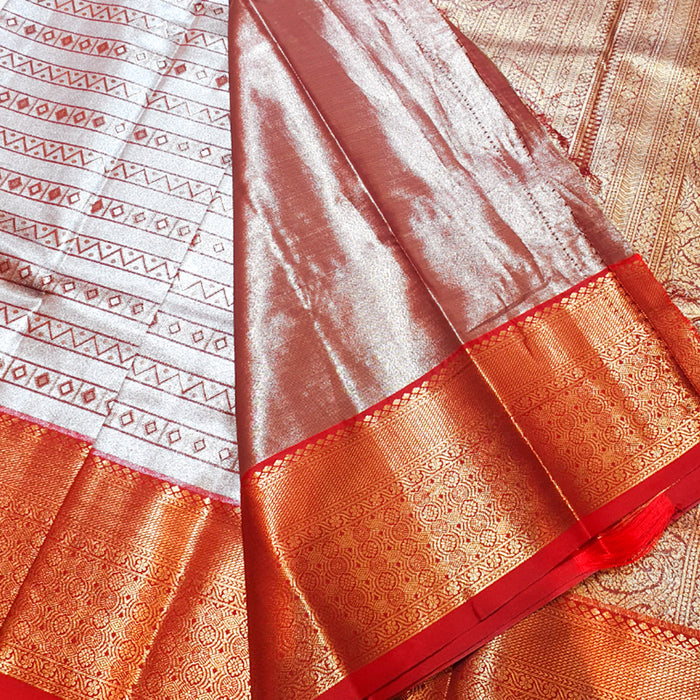 Silver with Red-Gold Border Silk Saree