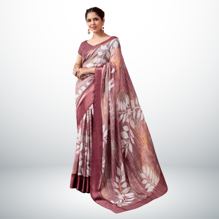 Maroon Leaf Print Georgette Saree