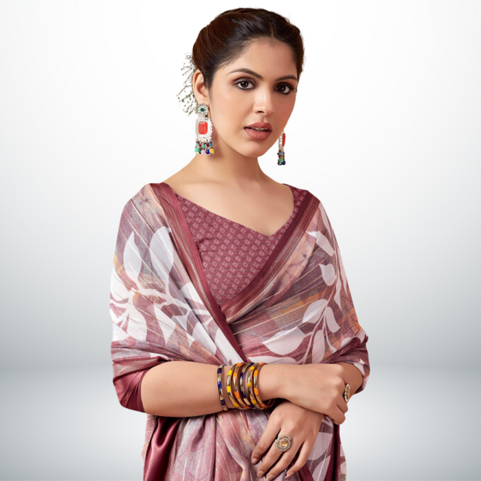 Maroon Leaf Print Georgette Saree