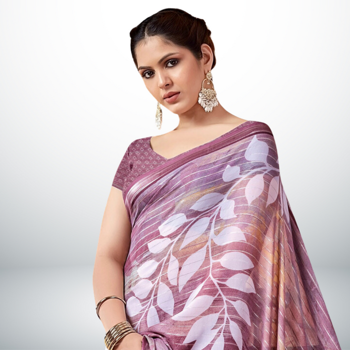 Lavender Leaf Print Georgette Saree