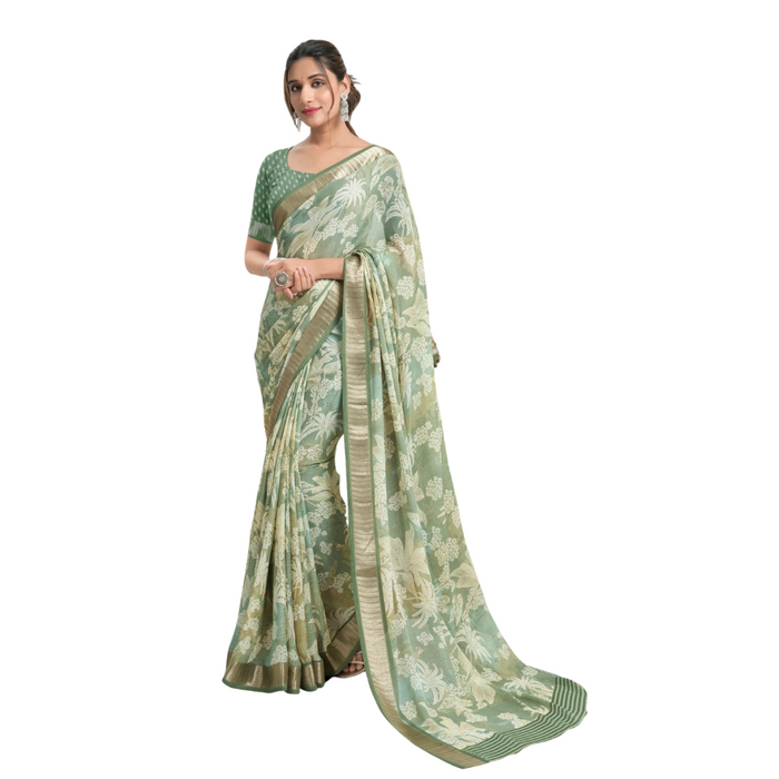 Mint Green Gold Floral Saree