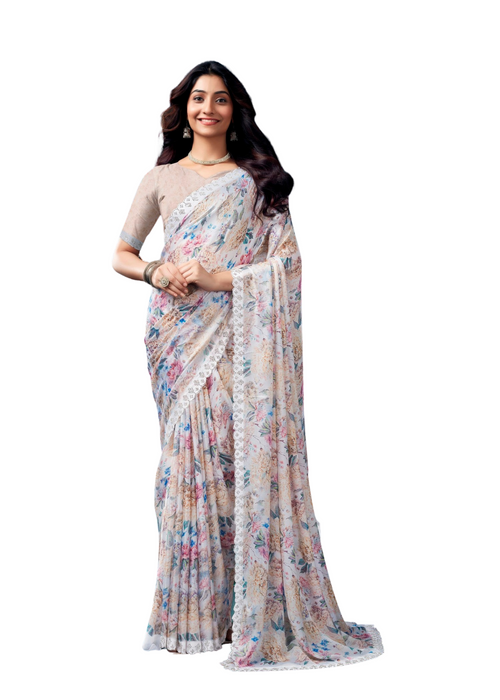 KALINI Baby Pink Floral Organza Saree