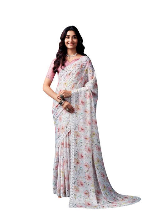 KALINI Pink Floral Organza Saree