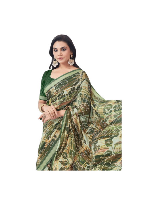 Green Floral Peacock Saree